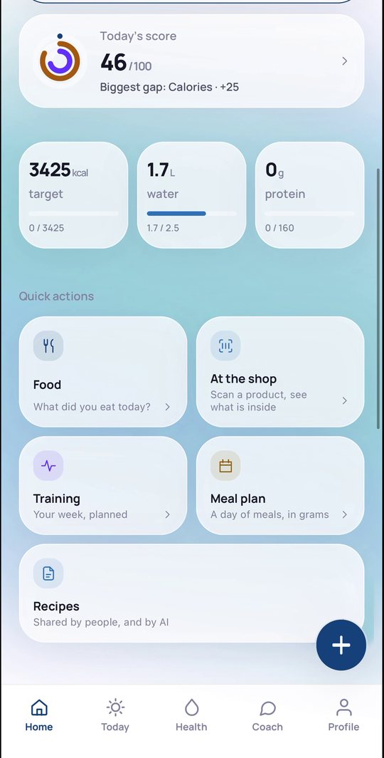 BioVya home screen: today's score, daily targets and quick actions