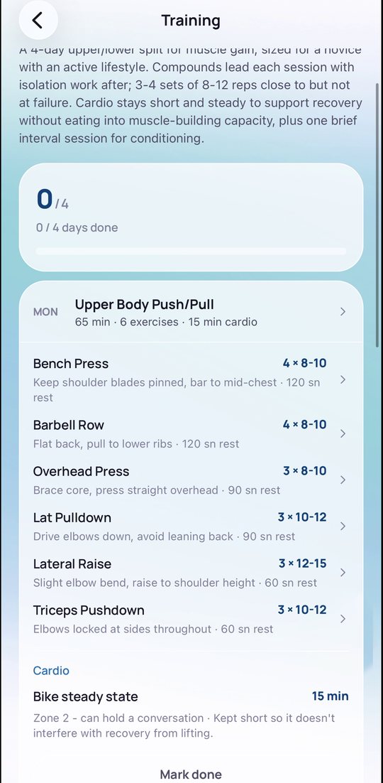 BioVya weekly training plan: days, exercises, sets and reps